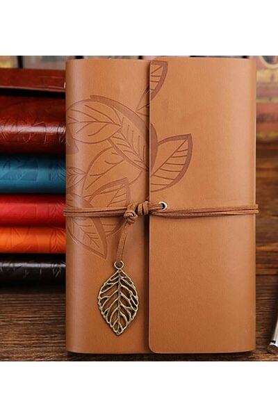 muustie Yaprak Tasarımlı Deri Kapaklı Hatıra-anı-günlük Defteri Açık Kahve