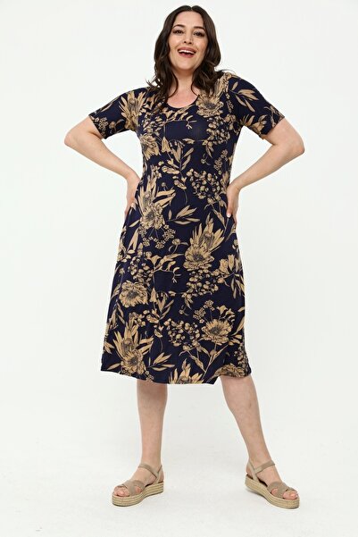 SENTEX Κοντομάνικο φόρεμα σε καφέ γαλακτώδες μπλε ναυτικό σχέδιο