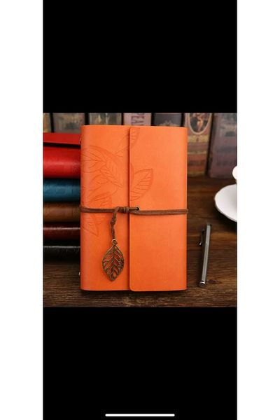 muustie Leaf Design Leather Cover Keepsake-Memory-Diary Notebook Orange