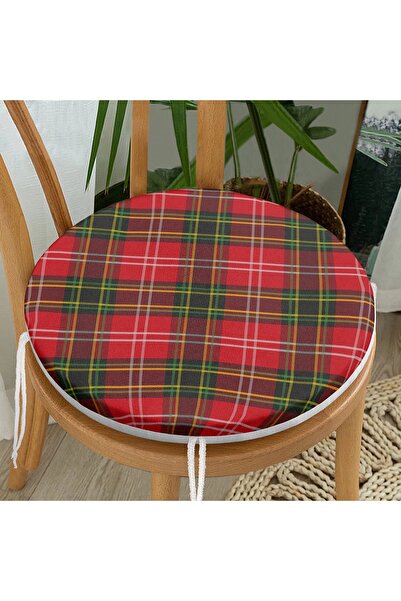Realhomes Kırmızı Zeminde Siyah Ekose Desenli Yuvarlak Fermuarlı Sandalye Minderi