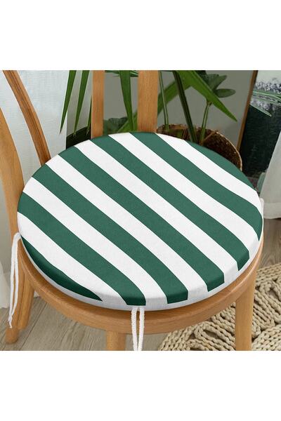 Realhomes Yeşil Beyaz Düz Çizgi Tasarımlı Dijital Baskılı Modern Yuvarlak Fermuarlı Sandalye Minderi