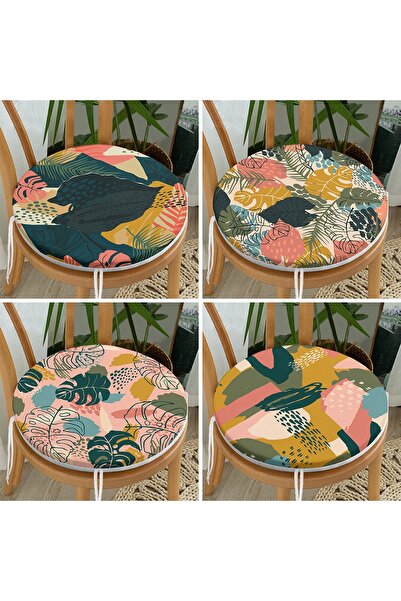 Realhomes 4'lü Renkli Zemin Üzerinde Onedraw Çizimli Modern Yuvarlak Fermuarlı Sandalye Minderi Seti