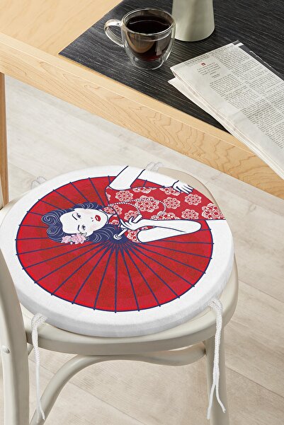 Realhomes Okrugli jastuk za stolicu sa zatvaračem, motivom Japanke i crvenim ...