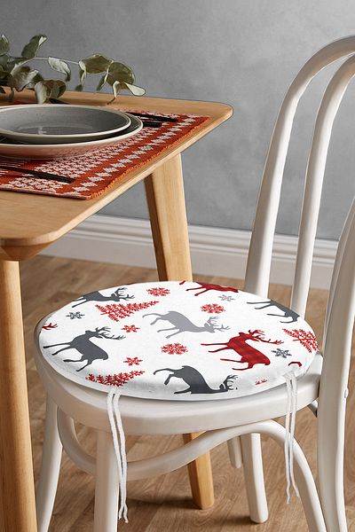Realhomes Christmas Motifs on White Background Digital Printed Round Zippered Chair Cushion