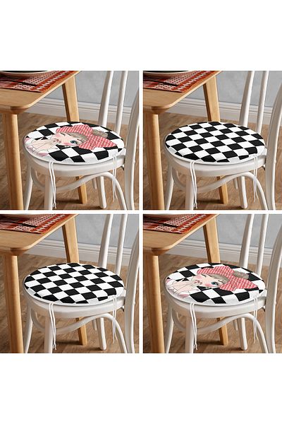Realhomes 4-Piece Black and White Checkered Girl Motif Round Zippered Chair Cushion Set
