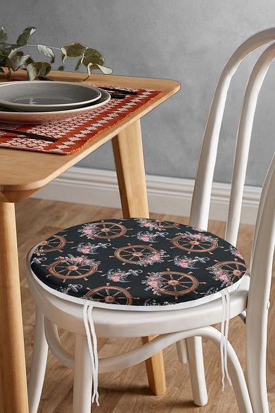 Realhomes Digital Printed Modern Round Zippered Chair Cushion with Black Floor Anchor & Helm Design