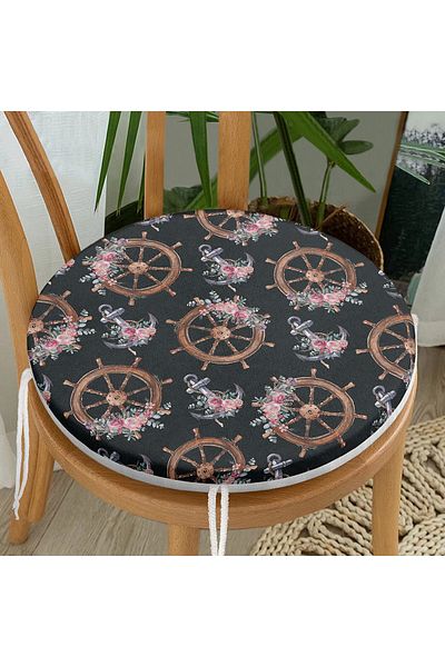 Realhomes Digital Printed Modern Round Zippered Chair Cushion with Black Floor Anchor & Helm Design
