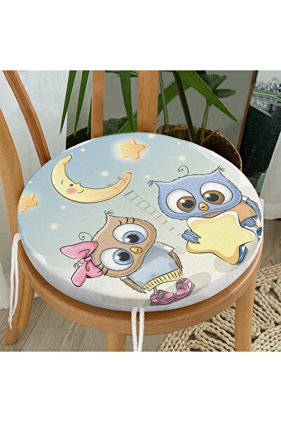 Realhomes Baykuş Desen Dijital Baskılı Yuvarlak Fermuarlı Sandalye Minderi