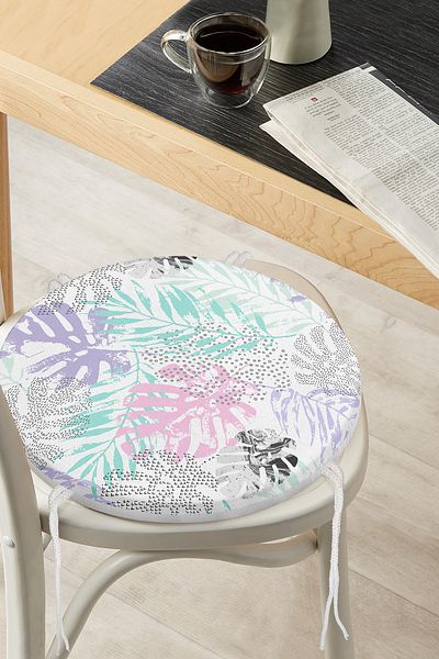 Realhomes Modern Round Zippered Chair Cushion with Water Colored Leaf Drawing on White Background