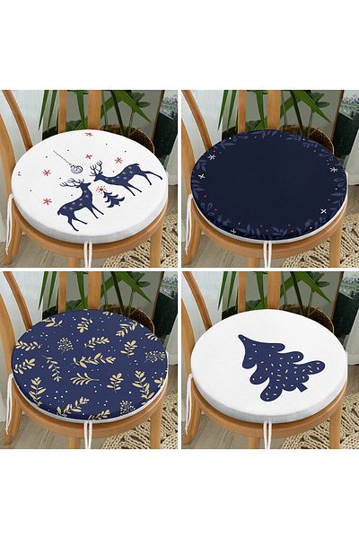 Realhomes 4-Piece Navy Blue Christmas Themed Digital Printed Modern Round Zippered Chair Cushion Set