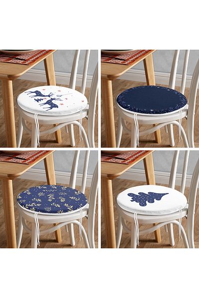 Realhomes 4-Piece Navy Blue Christmas Themed Digital Printed Modern Round Zippered Chair Cushion Set