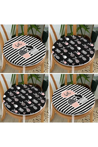 Realhomes 4-Piece Flowers in the Pot Special Design Digital Printed Modern Round Zippered Chair Cushion Set