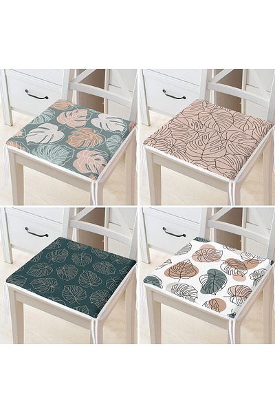 Realhomes 4-Piece Colorful Onedraw Drawing Leaf Patterned Modern Zippered Chair Cushion Set on the Floor