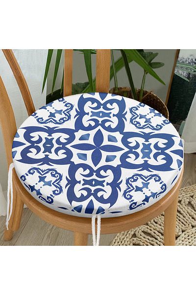 Realhomes Digital Printed Modern Round Zippered Chair Cushion with White Background Tile Pattern