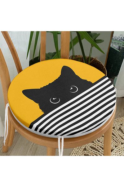 Realhomes Modern Round Zippered Chair Cushion with Yellow Background Striped Motif Black Cat Design
