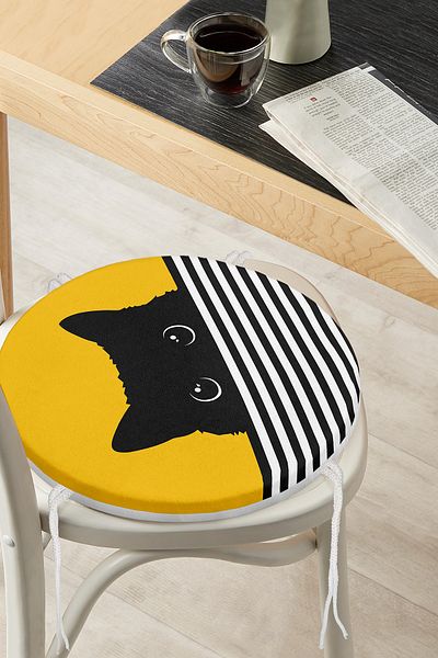 Realhomes Modern Round Zippered Chair Cushion with Yellow Background Striped Motif Black Cat Design