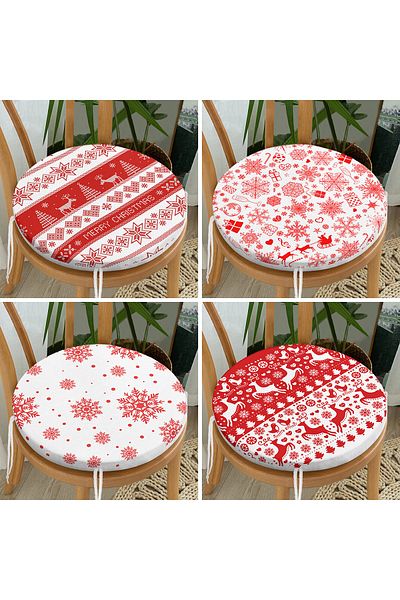 Realhomes Set of 4 Red White Christmas Deer and Snowflakes Round Zippered Chair Cushions
