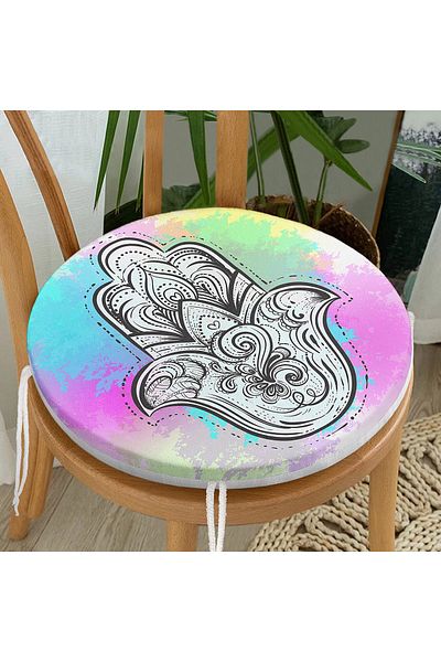 Realhomes Fatma Mother Hand Themed Special Design Round Zippered Chair Cushion on Rainbow Floor
