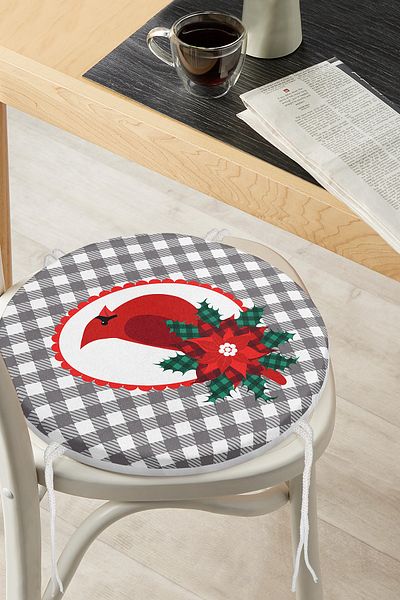 Realhomes Digital Printed Modern Round Zippered Chair Cushion with Gray Plaid Floor & Red Bird Design
