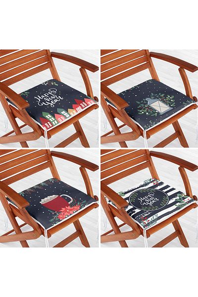 Realhomes 4-Piece Dark Blue Colored Happy New Year Themed Digital Printed Modern Zippered Chair Cushion Set