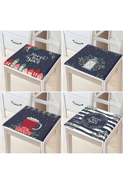 Realhomes 4-Piece Dark Blue Colored Happy New Year Themed Digital Printed Modern Zippered Chair Cushion Set