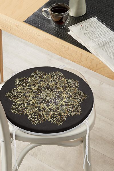 Realhomes Round Zippered Chair Cushion with Gold Mandala Motif on Black Background