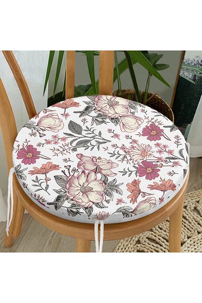 Realhomes Digital Printed Round Zippered Chair Cushion with Daisy & Rose Design