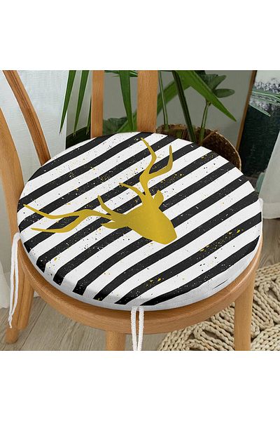 Realhomes Striped Gold Deer Patterned Modern Round Zippered Chair Cushion
