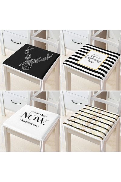 Realhomes 4-Piece Gold Written Black and White Floor Zippered Chair Cushion Set