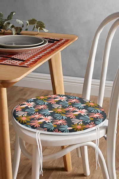 Realhomes Colorful Flower Patterned Digital Printed Modern Round Zippered Chair Cushion on Black Background