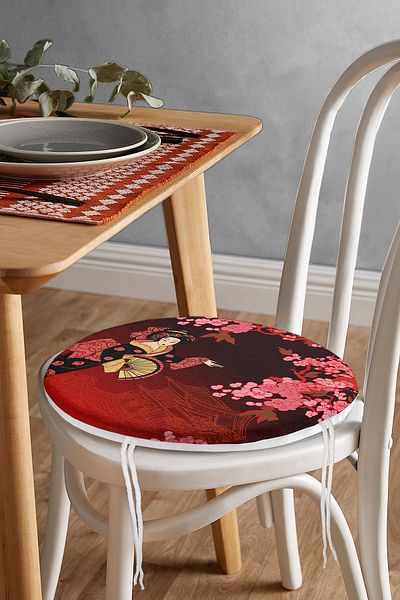 Realhomes Floral Patterned Fan Japanese Girl Motif Modern Round Zippered Chair Cushion