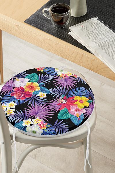 Realhomes Round Zippered Chair Cushion with Colorful Flowers Design on Black Background