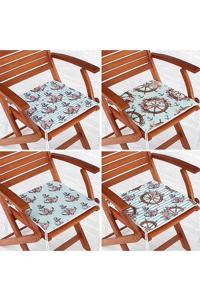 Realhomes 4-Piece Blue Floor Rudder & Anchor Digital Printed Modern Zippered Chair Cushion Set