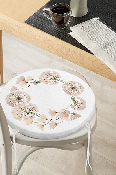 Realhomes Digital Printed Modern Round Zippered Chair Cushion with Flower Pattern on White Background