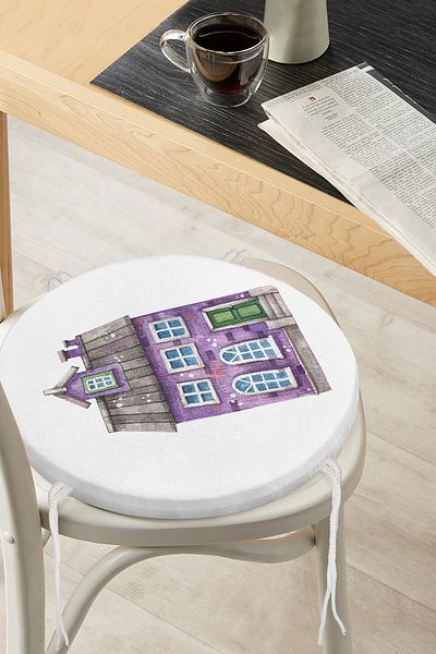 Realhomes Miniature Purple House Drawing Digital Printed Modern Round Zippered Chair Cushion