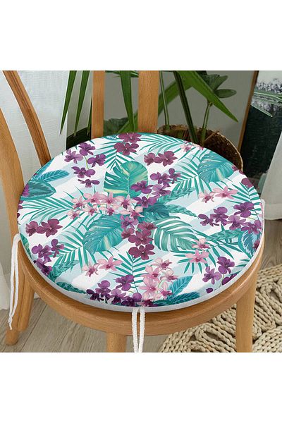 Realhomes Turquoise Themed Lilac Flower Patterned Round Zippered Chair Cushion