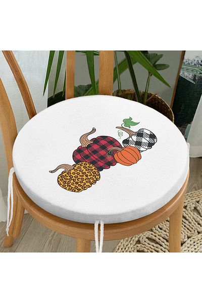 Realhomes Plaid Pumpkins on White Background Digital Printed Modern Round Zippered Chair Cushion