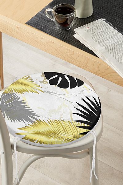 Realhomes Gold And Black Leaves Digital Printed Modern Round Zippered Chair Cushion With Marble Floor