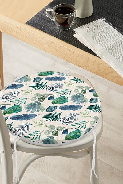 Realhomes Round Zippered Chair Cushion with Watercolor Leaves Design on Powder Floor