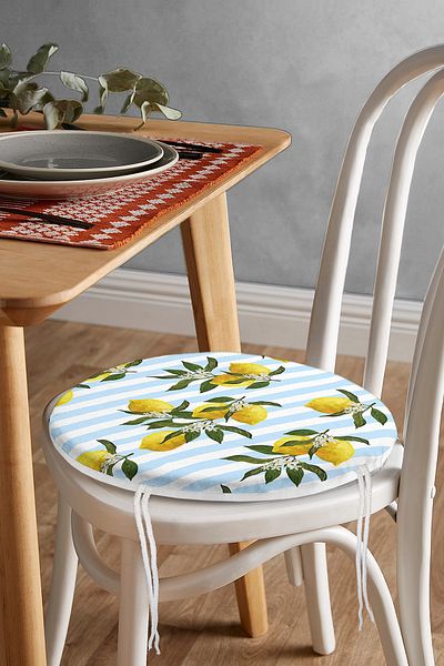 Realhomes Blue Striped Lemon Patterned Digital Printed Round Zippered Chair Cushion