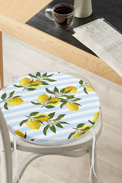 Realhomes Blue Striped Lemon Patterned Digital Printed Round Zippered Chair Cushion