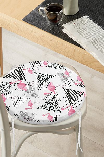 Realhomes Polka Dot Themed Flamingo Patterned Digital Printed Round Zippered Chair Cushion