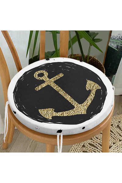 Realhomes Digital Printed Modern Round Zippered Chair Cushion with Gold Anchor Pattern on Black Background