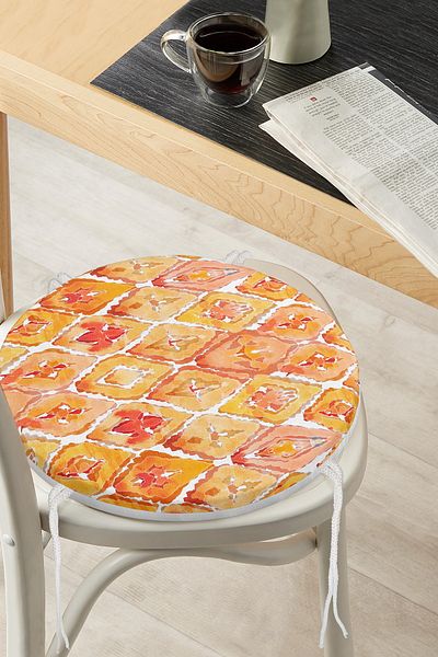 Realhomes Orange Damask Round Zippered Chair - Digital Printed Cushion
