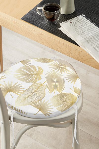 Realhomes Mink Leaves on White Background Digital Printed Round Zippered Chair Cushion