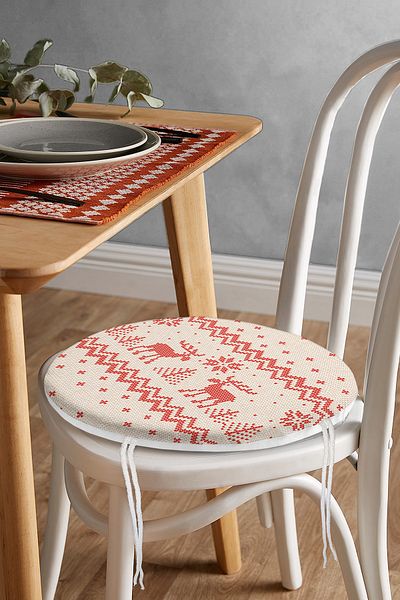 Realhomes Christmas Themed Digital Printed Round Zippered Chair Cushion with Cross Stitch Motif