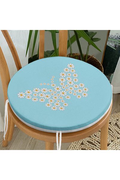Realhomes Digital Printed Modern Round Zippered Chair Cushion with Blue Floor Daisy Butterfly Design