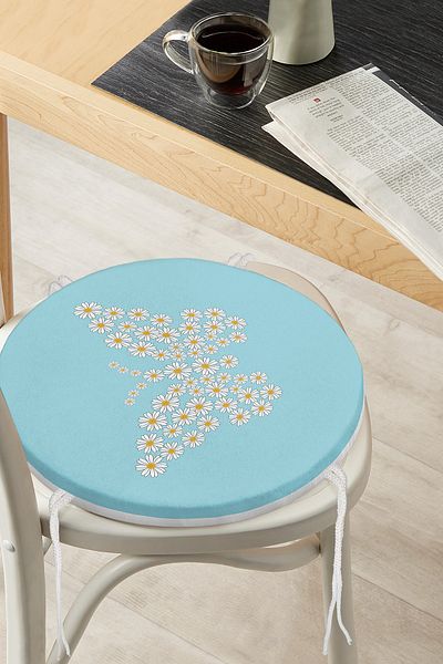 Realhomes Digital Printed Modern Round Zippered Chair Cushion with Blue Floor Daisy Butterfly Design