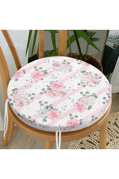 Realhomes Powder White Horizontal Themed Digital Printed Modern Round Zippered Chair Cushion