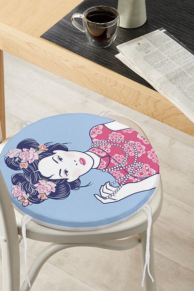 Realhomes Japanese Women's Digital Printed Modern Round Zippered Chair Cushion with Pearl Pendant